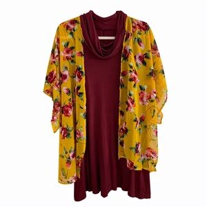 Floral Yellow and Burgundy Midi Dress